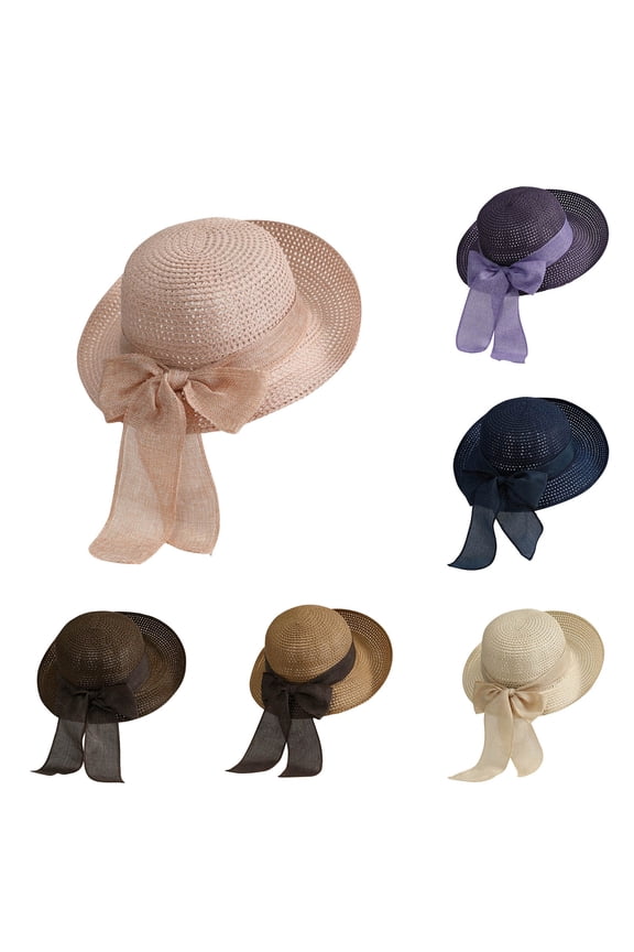Beach Sun Straw Hats for Women, Sun Protection Wide Brim Summer Hat Foldable Packable Roll up Cap with Bow Ribbon