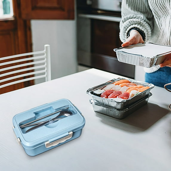 Moocorvic Bento Box , Wheat Straw 3-In-1 Compartment Lunch Box with Stainless Steel Spoon and Fork, Stackable Lunch Containers for Adults (Blue)
