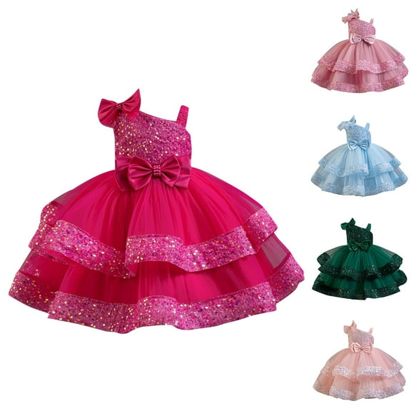 Moocorvic Bowknot Toddler Girls Dresses Ruffle Sleeveless One Shoulder Birthday Tulle Dress 2-3 Years,Hot Pink
