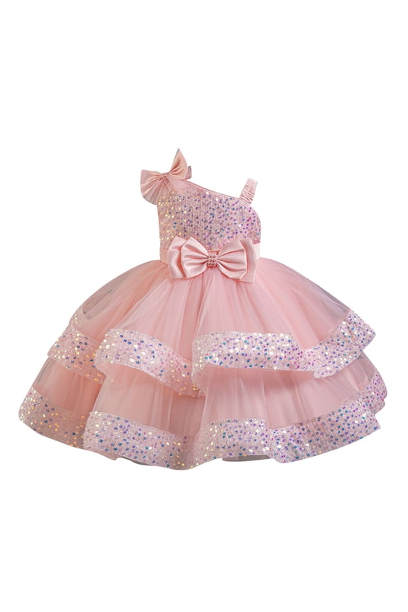 Bowknot Toddler Girls Dresses Ruffle Sleeveless One Shoulder Birthday Tulle Dress 2-3 Years,Pink