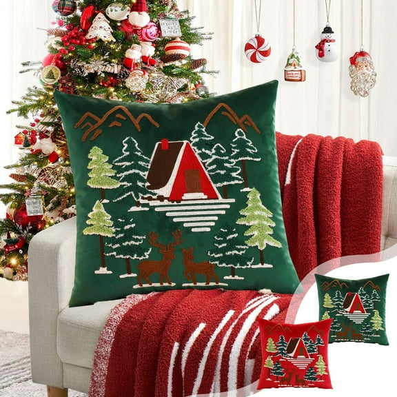 Moocorvic Christmas Green Pillow Covers 18x18, Velvet Embroidered Winter Decorative Cushion Covers for Couch Sofa Bed