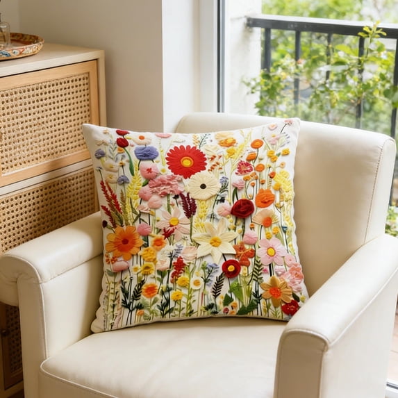 Colorful Flower Throw Pillow Covers,Pillow Cases of 4 Spring Wildflower Butterflies Printed Pillowcase,Square Floral Cushion Covers for Home Couch Decor Gift(17.7x17.7 Inch)