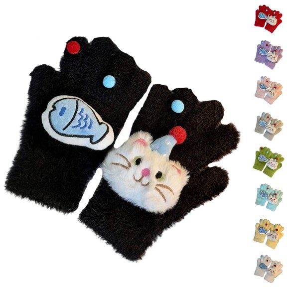 Moocorvic Cute Plush Winter Gloves for Women & Teen Girls, Full-Finger,Black