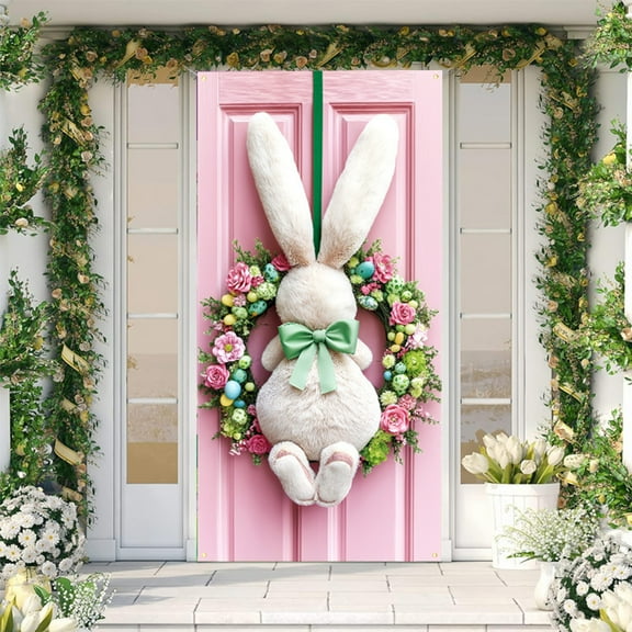 Moocorvic Easter Bunny Door Covers Decorative for Front Door Outside, Spring Easter Eggs Backdrop Party Home Decor 6x3FT