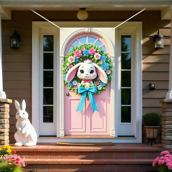 Moocorvic Easter Bunny Door Covers Decorative for Front Door Outside, Spring Easter Eggs Backdrop Party Home Decor 6x3FT