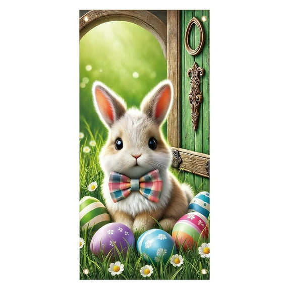 Moocorvic Easter Bunny Door Covers Decorative for Front Door Outside, Spring Easter Eggs Backdrop Party Home Decor 6x3FT