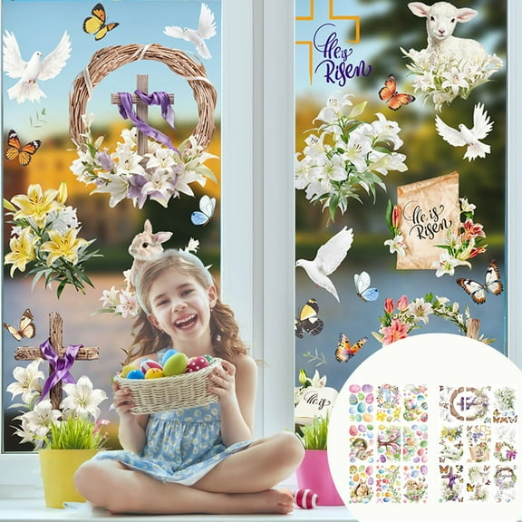 Moocorvic Easter Window Clings for Glass Windows, Large Easter Eggs Wall Decals Painting Flowers Stickers for Home Office School Decor Spring Decoration