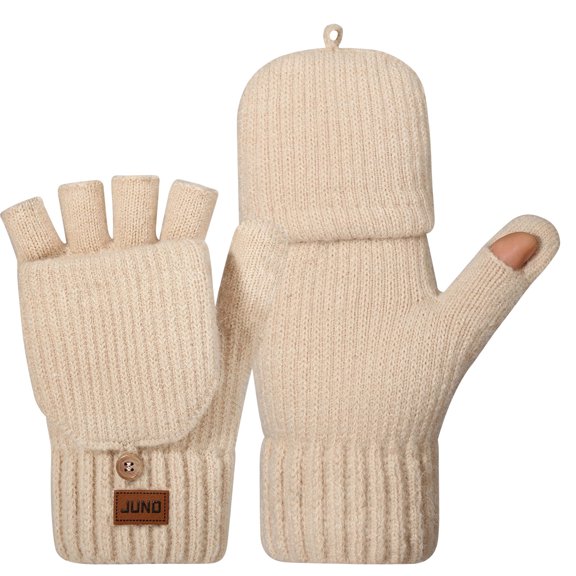 Moocorvic Fingerless Gloves Mittens for Women, Winter Warm Knitted Gloves for Cycling, Running, Outdoor,Biking,Driving,Working(Beige)