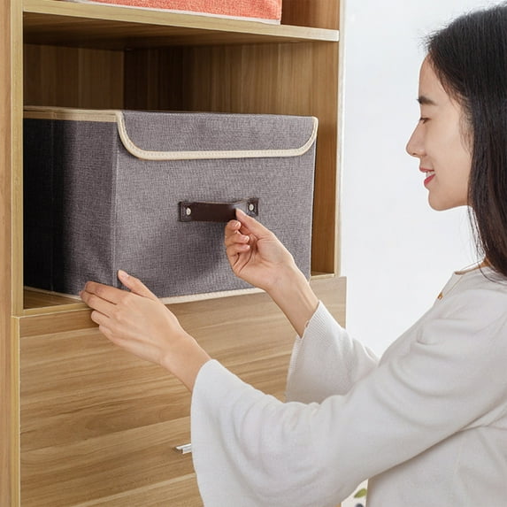 Moocorvic Foldable Storage Box with Lid Handles, Linen Fabric Flip Storage Bins for Clothing, Toys(S)