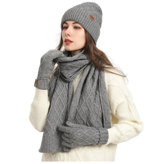 Moocorvic Gifts for Women Beanie Hat Scarf Gloves Set of 3, Winter Warm Long Scarf Neck Warmer Touchscreen Gloves(Gray)