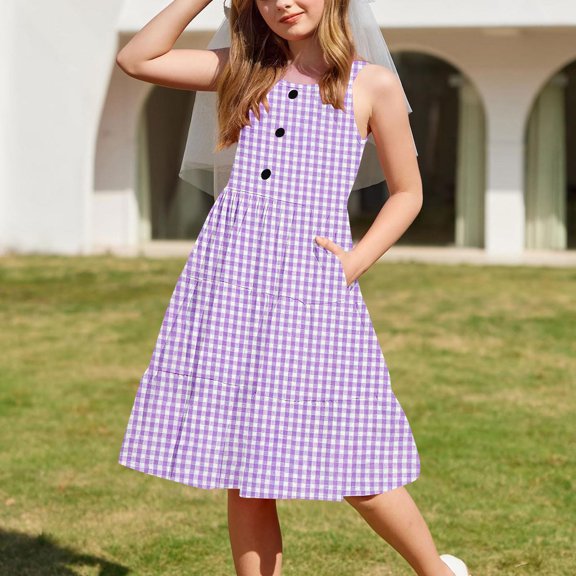 Moocorvic Girl Dresses Summer Casual Sleeveless Button Down Swing Flowy Tiered Sundress with Pockets