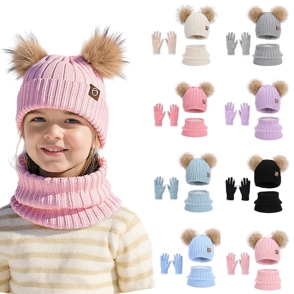 Moocorvic Girls Beanie Hat Scarf Gloves for Cold Weather, Winter Warm Knit Fleece Lined,Pink