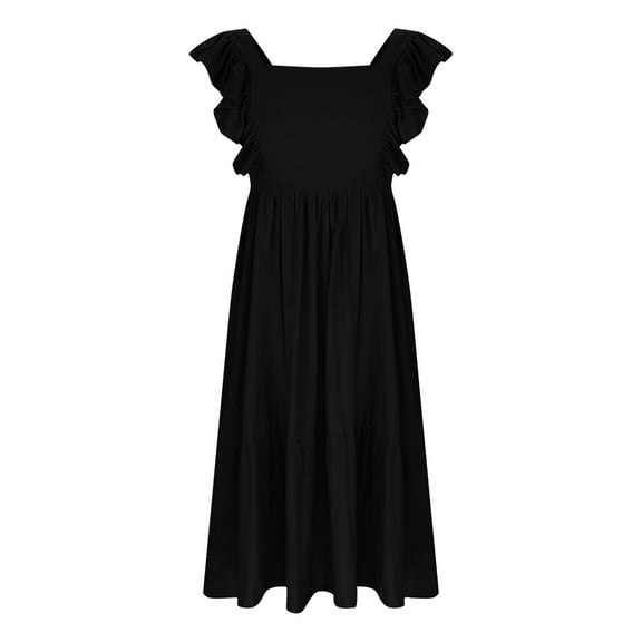 Moocorvic Girls Dresses Ruffle Sleeve Backless Tiered Swing Casual Sundress Party Outfits Girls Long Dress 6-7Years,Black