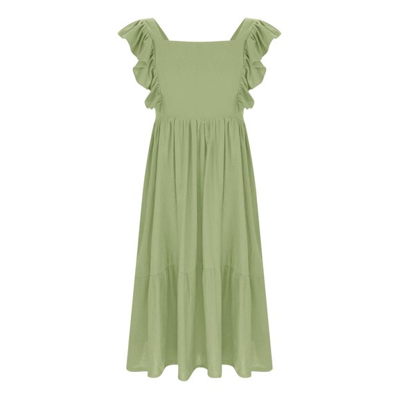 Moocorvic Girls Dresses Ruffle Sleeve Backless Tiered Swing Casual Sundress Party Outfits Girls Long Dress 6-7Years,Green