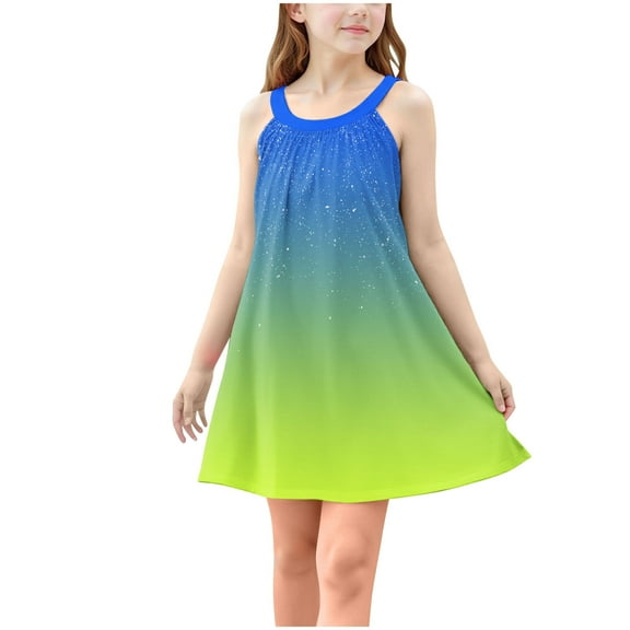 Moocorvic Girls Dresses Sleeveless Summer Swing Sundress Kids Outfits Gradient Printed Casual Sling Dress 9-10 Years,Green