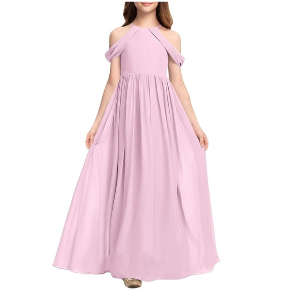 Moocorvic Girls Elegant Dress Off Shoulder A-Line Casual Party Long Dresses Girls' Special Occasion Dresses 6-7Years,Pink
