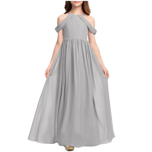 Moocorvic Girls Elegant Dress Off Shoulder A-Line Casual Party Long Dresses Girls' Special Occasion Dresses 6-7Years,Silver
