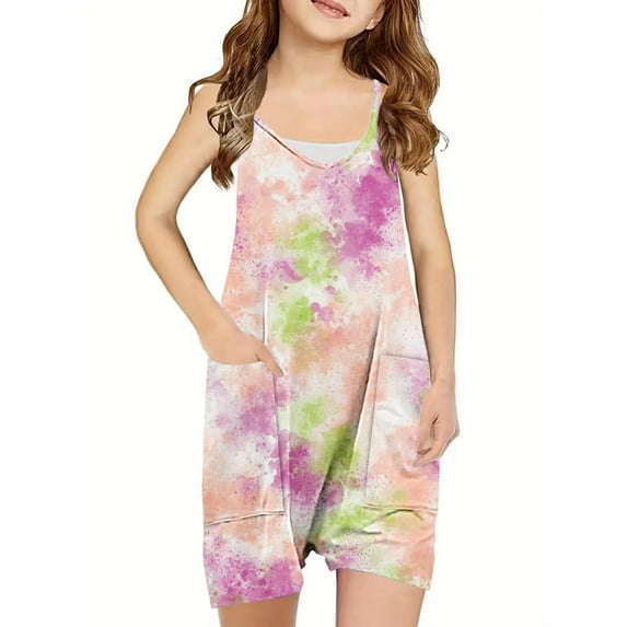 Moocorvic Girls Loose Romper One Piece Sleeveless Casual Tie-dye Jumpsuit for 5-14 Years(Pink)