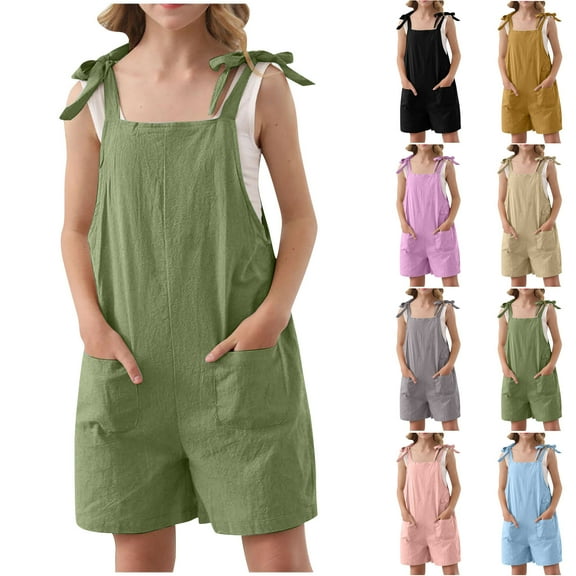 Moocorvic Girls Romper Casual Spaghetti Strap Loose Kids Shorts Jumpsuit with Pockets 5-14 Years(Army Green)