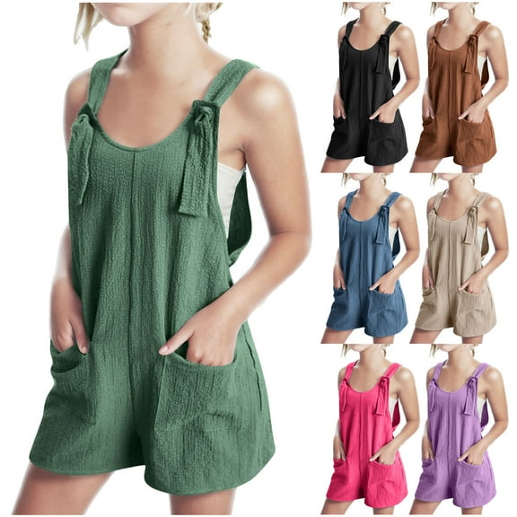 Moocorvic Girls Romper Casual Spaghetti Strap Loose Kids Shorts Jumpsuit with Pockets 5-14 Years(Green)