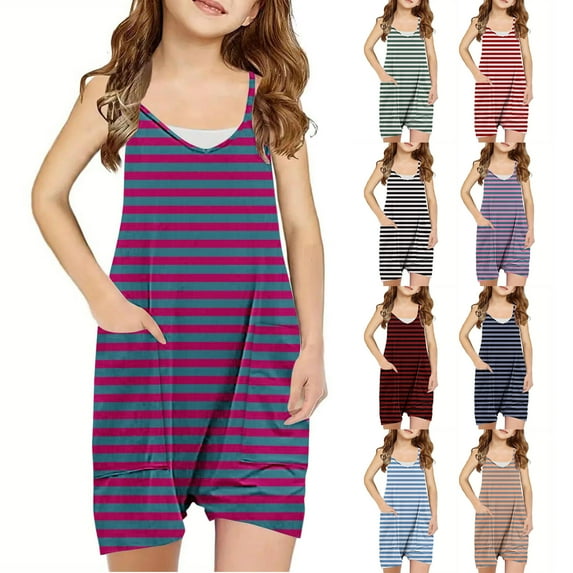 Moocorvic Girls Romper Striped Print Loose One Piece Sleeveless Casual Jumpsuit for 5-14 Years(Hot Pink)