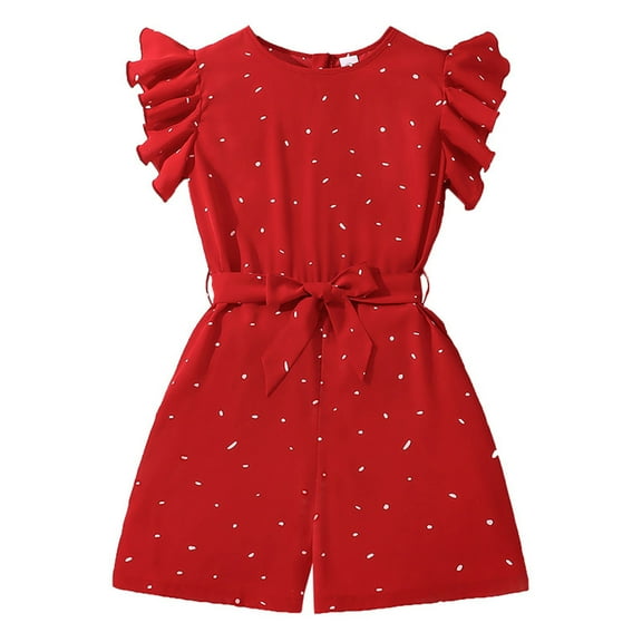 Moocorvic Girls Rompers Summer Ruffled Sleeve Belted Jumpsuit 8-12 Years(Red)