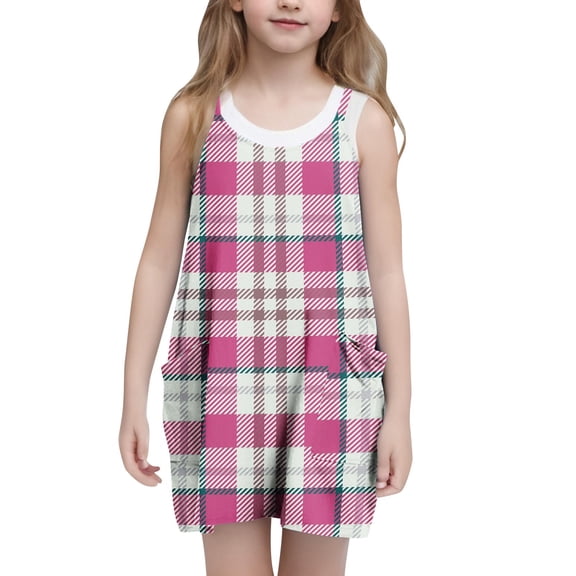 Moocorvic Girls Sleeveless Dress with Shoulder Straps and Pockets, Christmas Plaid Printed Toddler Girls Sundress 5-6 Years,Pink