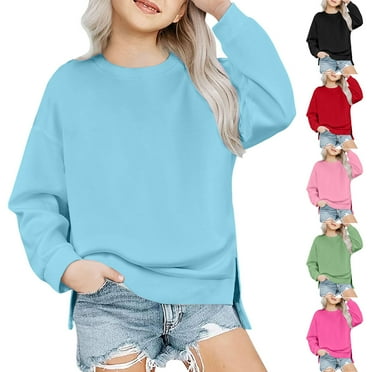 Moocorvic Girls Sweatshirt Long Sleeve Solid Casual Pullover Fleece Tops Drop Shoulder Sweatshirts Side Split(Light Blue,7-8 Years)