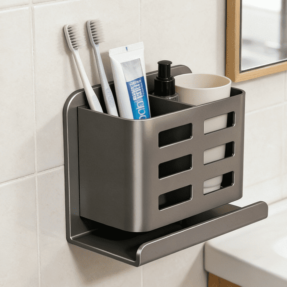 Moocorvic Gray Wall-Mounted Toothbrush Holder, Shower Shaver Storage Rack, No Drilling Required, Removable Toothpaste Storage Rack