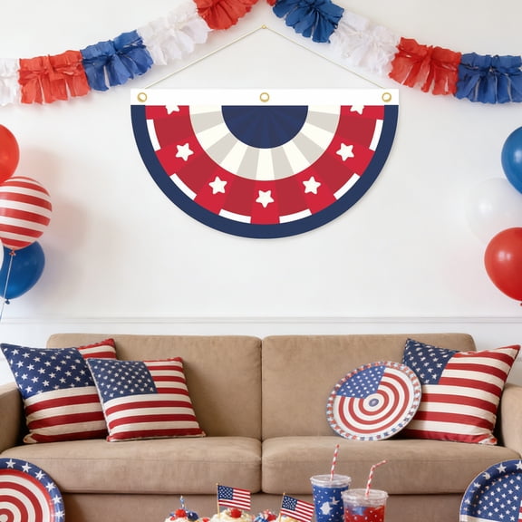 Hanging Half Fan Banners Decorations,No-Pleat Half Circle Maple Leaf Banner with Grommets,Red White Blue Decor for Outdoor Yard Decor, Home Patio, Porch, Seasonal Display,17.72×35.43 Inch
