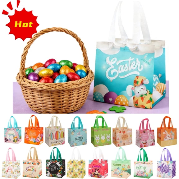 Moocorvic Happy Easter Egg Hunt Bags with Handle, Reusable Non Woven Tote Bunny Carrot Gift Bags Easter Baskets for Gift Wrap Holiday Party