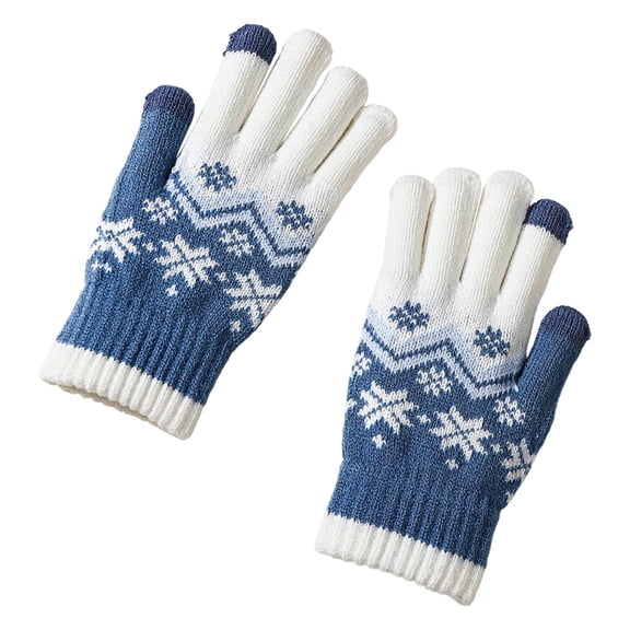 Moocorvic Knit Gloves for Women, Winter Touch Screen Snow Flower Printing Ladies Gloves for Cold Weather,Blue