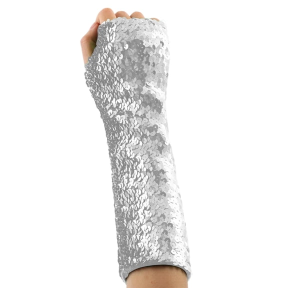 Moocorvic Long Fingerless Sequins Gloves for Women, Arm Sleeves Party Costumes,8.3'',Silver
