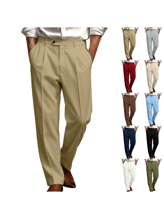 Mens Pleated Dress Pants, Relaxed Fit Classic Straight Leg, Cuffed Hem Business Casual Trousers,Khaki