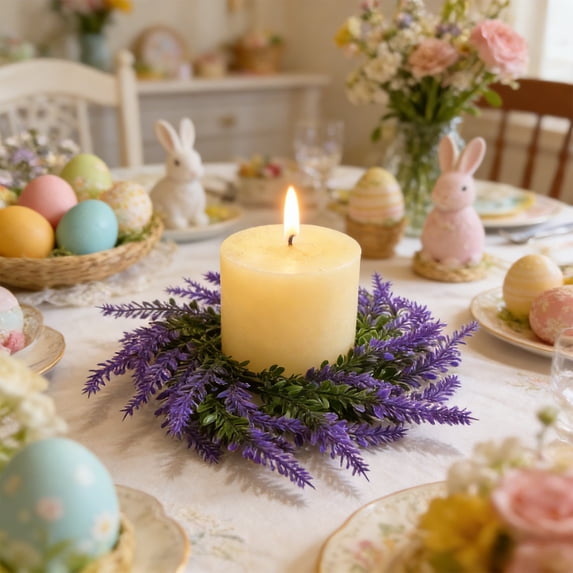 Moocorvic Mini Lavender Candle Ring Purple Wreath, 7.87 Inch Artificial Flowers Candle Rings for Wedding Table Centerpieces Decor