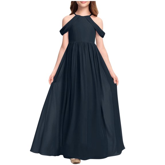 Moocorvic Off Shoulder A-Line Girls Dresses Junior Bridesmaid Dress for Wedding Ruffles Flower Halter Party Pageant Gowns 10-11Years,Navy
