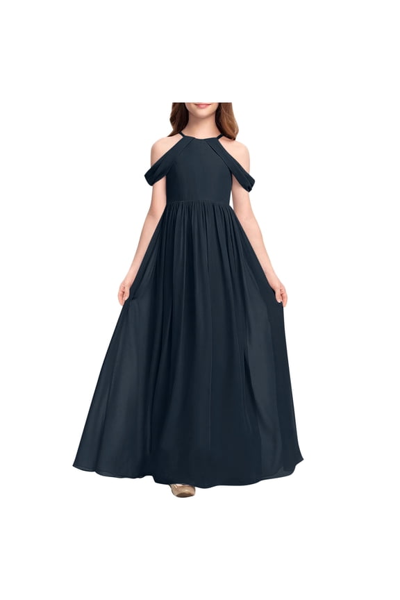 Off Shoulder A-Line Girls Dresses Junior Bridesmaid Dress for Wedding Ruffles Flower Halter Party Pageant Gowns 10-11Years,Navy