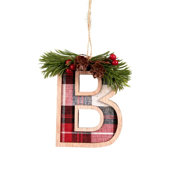 Moocorvic Plaid Pattern 26 Initial Christmas Ornament, Wooden Personalized Christmas Tree Ornaments(Letter B)