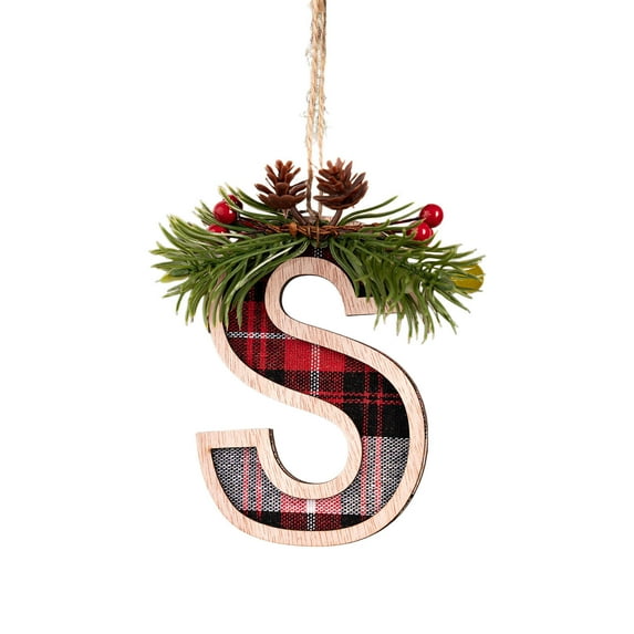 Moocorvic Plaid Pattern 26 Initial Christmas Ornament, Wooden Personalized Christmas Tree Ornaments(Letter S)