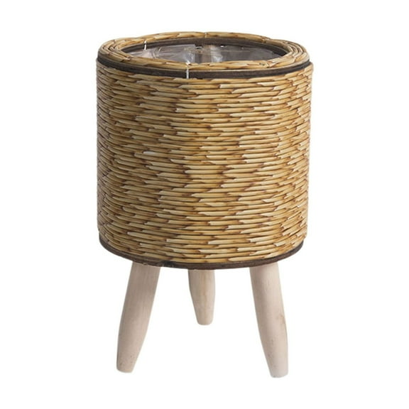 Moocorvic Rattan Indoor Plant Stand, Straw Woven Flowers Pot Holder Stool With Legs Floor Planter Baskets Rack Wooden Plant Shelf