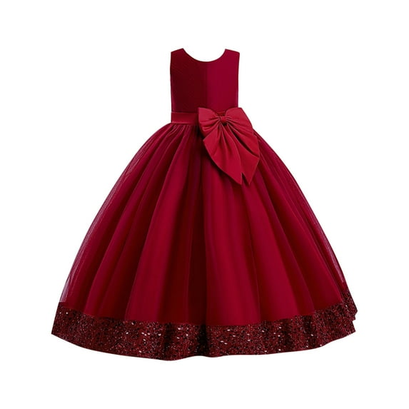 Moocorvic Sequin Tulle Flower Girl Dress for Wedding Kids Princess Pageant Dress Bow Prom Ball Gowns Sleeveless Long Dress 7-8Years,Red