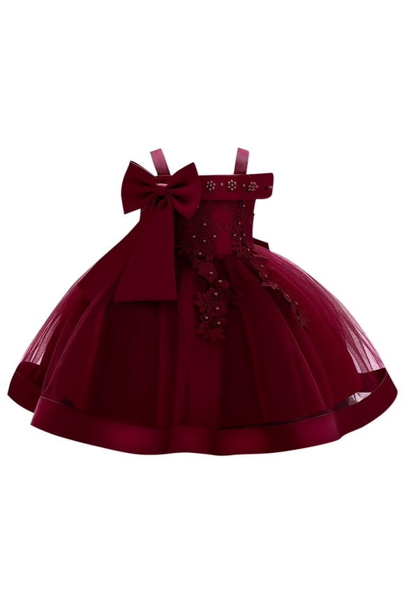 Summer Baby Dress Tulle Off Shoulder Sleeveless Bow Princess Gown for Christening, Toddler Party Formal Wear 6-9 Months,Red