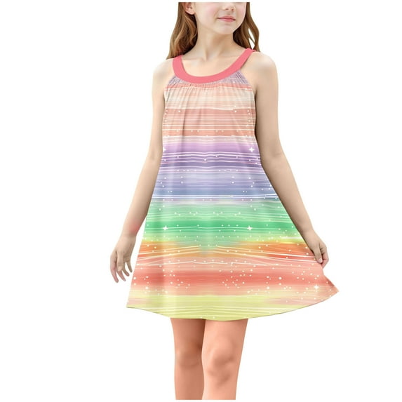 Moocorvic Summer Print Girls Dresses Sleeveless Casual Beach Sundress Halter Dress 13-14 Years,Multicolor