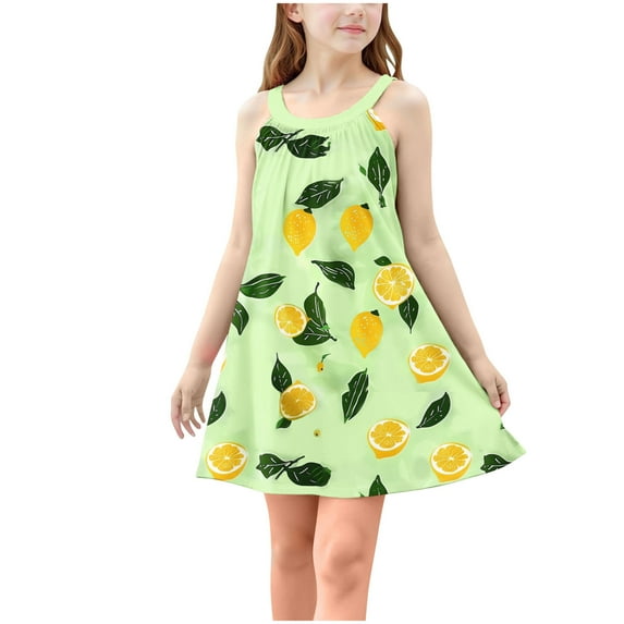 Moocorvic Summer Print Girls Dresses Sleeveless Casual Beach Sundress Halter Dress 9-10 Years,Green