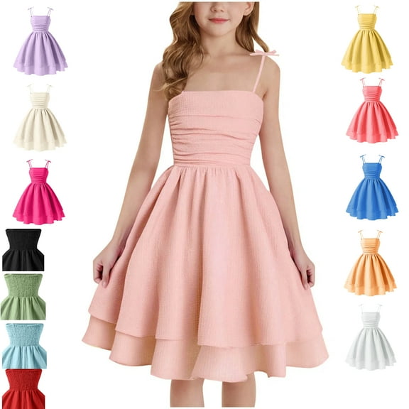 Moocorvic Summer Sleeveless Dress for Girls, Pure Color Strap Dresses Breathable Casual School Outfit Sundress for Kids 11-12 Years,Pink