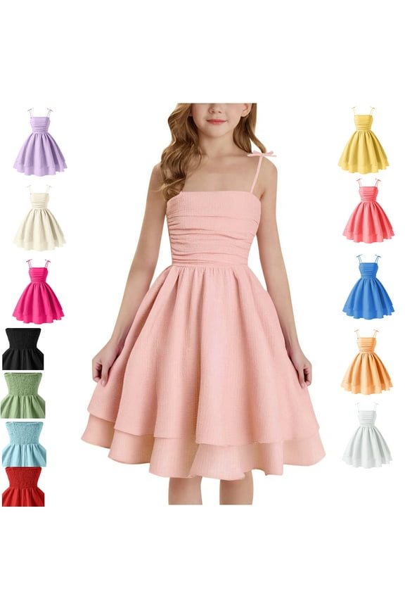 Summer Sleeveless Dress for Girls, Pure Color Strap Dresses Breathable Casual School Outfit Sundress for Kids 11-12 Years,Pink