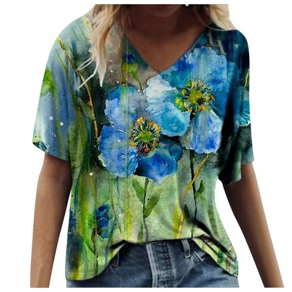 Moocorvic Summer Tops for Women Plus Size Floral Print V Neck Short Sleeve T Shirts Casual Loose Pullover Tee Shirts