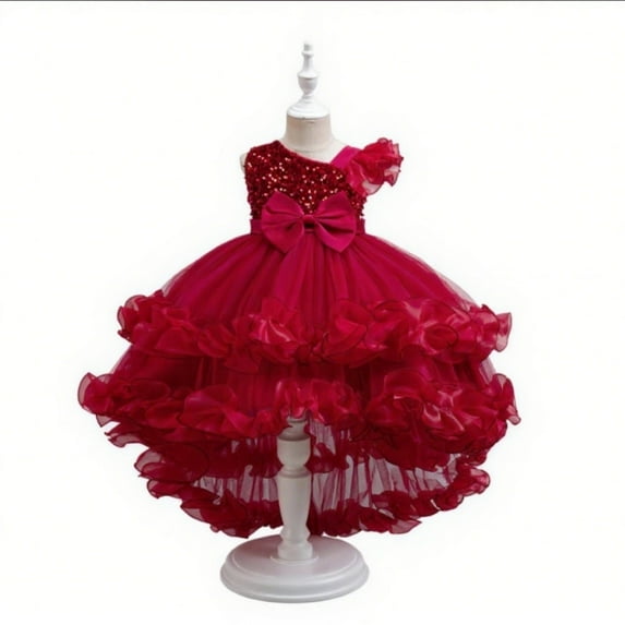 Moocorvic Toddler Baby Girl Flower Dresses Bowknot Sleeveless Off Shoulder Wedding Gown for Summer Party, Infant Birthday Outfit 1-2 Years,Red