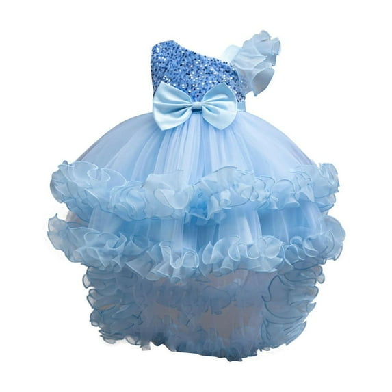 Moocorvic Toddler Baby Girl Flower Dresses Bowknot Sleeveless Off Shoulder Wedding Gown for Summer Party, Infant Birthday Outfit 3-4 Years,Light Blue