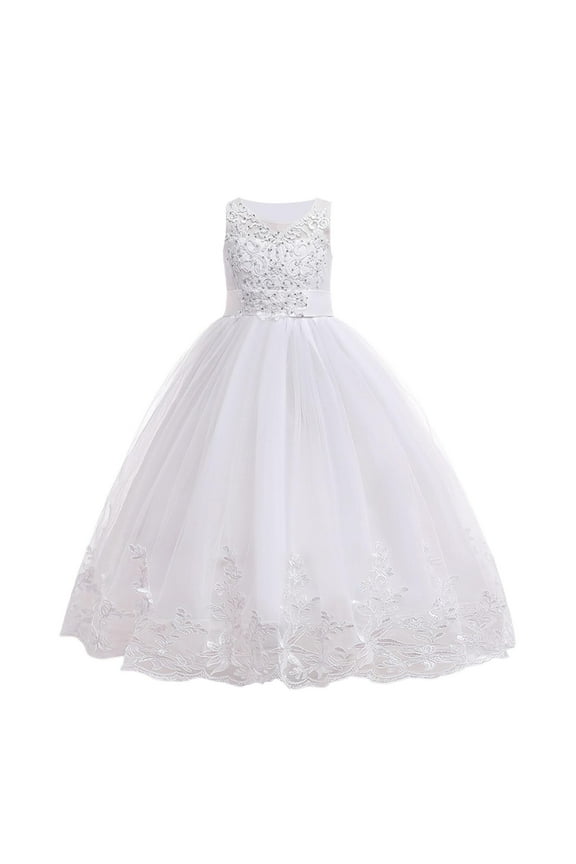 Toddler Flower Girls Dresses Tulle Wedding Party Dress Bridesmaid Pageant Princess Kids Birthday Ball Gown 16-17 Years,White